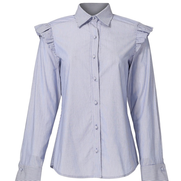 Pinstripe Ruffle Shoulder Button Down - Picture 1 of 6